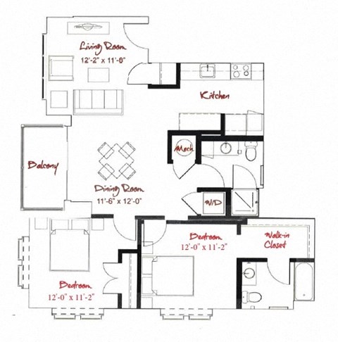 Floor plan for 2 beds, 2 baths, 974 sqft